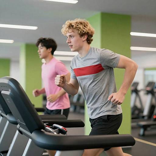 Young Men Sprinting on Treadmills in Modern Gym