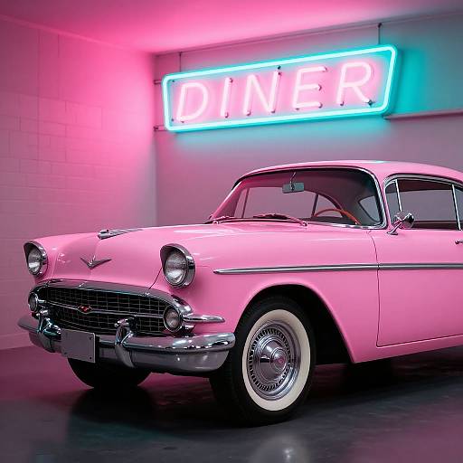 Photograph of a pink vintage car with white-walled tires, under a glowing 