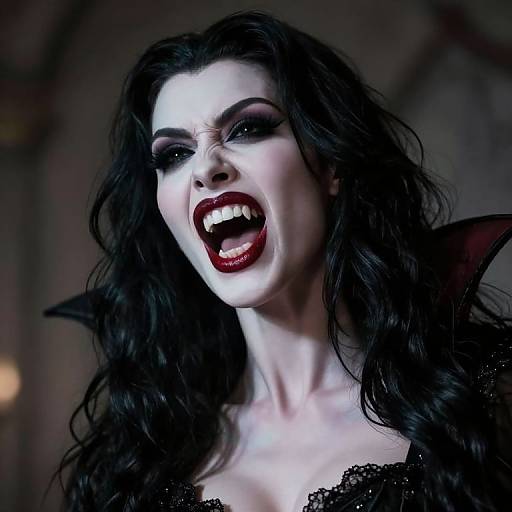 Photograph of a pale, dark-haired woman with dramatic makeup and red lipstick, screaming with her mouth open, wearing a black lace top, set against