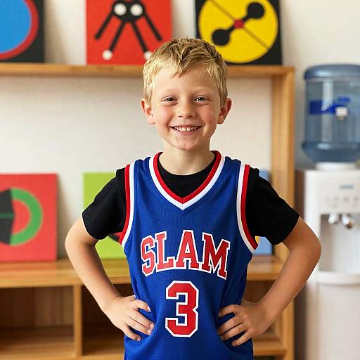 Cheerful Young Boy in Basketball Jersey