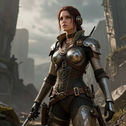Photorealistic CGI of a red-haired woman in medieval fantasy armor, standing in a ruined, cloudy cityscape, holding a sword.