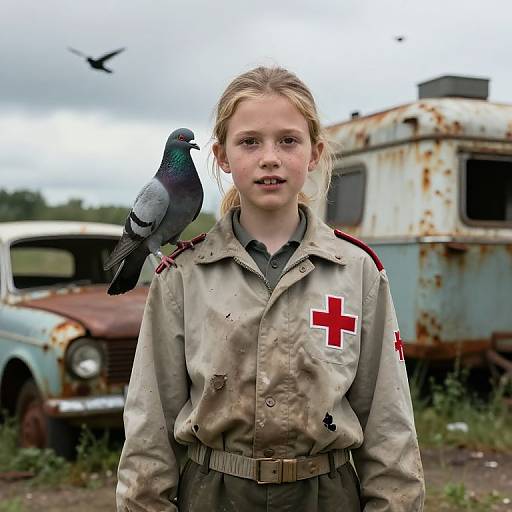 Photograph of a young blonde girl with fair skin, wearing a dirty, beige nurse uniform with a red cross, standing outdoors with a pigeon on her
