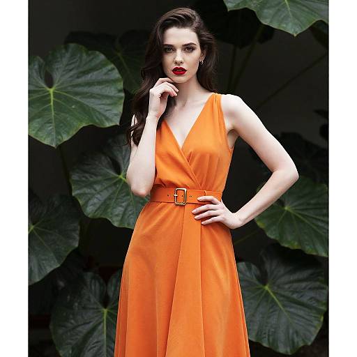 Photograph of a pale-skinned woman with dark hair, wearing a sleeveless, vibrant orange dress with a belt, standing against a dark green leaf