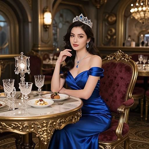 Photorealistic image of a fair-skinned woman with dark curly hair, wearing a blue off-shoulder gown, tiara, and jewels,