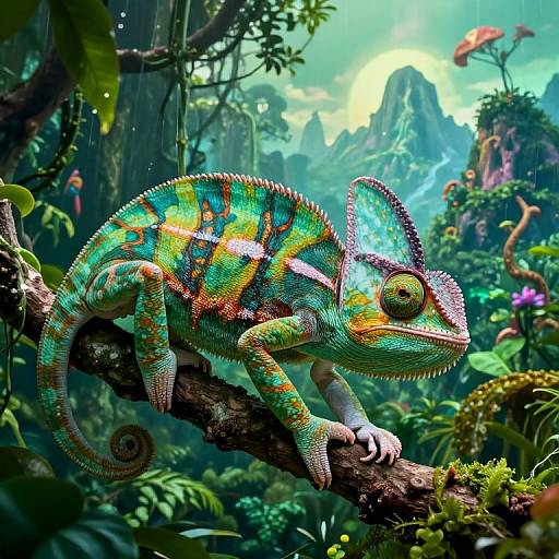 Vibrant digital painting of a colorful chameleon perched on a mossy branch in a lush, fantastical jungle with towering mountains and sunlight filtering