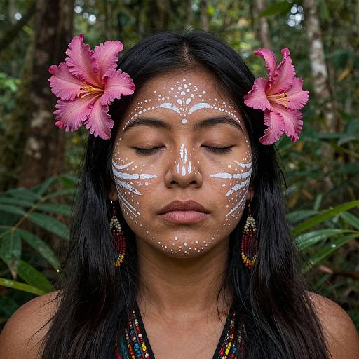 Photograph of a young Indigenous woman with closed eyes, dark hair, pink hibiscus flowers, white facial paint, and colorful beaded earrings