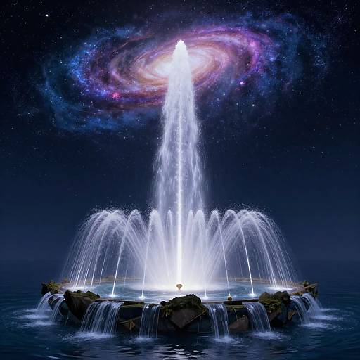Digital artwork of a luminous water fountain under a glowing galaxy, with cascading streams and rocky base, set against a starry night sky.