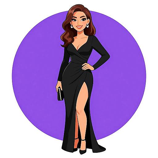 Digital illustration of a confident woman with long brown hair, wearing a black, long-sleeve, V-neck, high-slit gown, holding a
