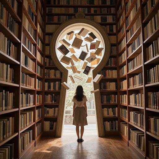 Photograph of a young girl with long hair, wearing a white blouse and brown skirt, standing at the center of a book-filled library, facing a