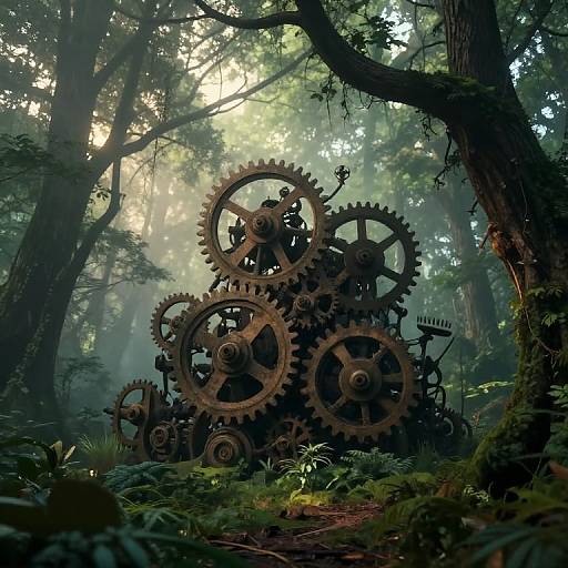 Surreal Mechanical Marvel in Mystical Forest
