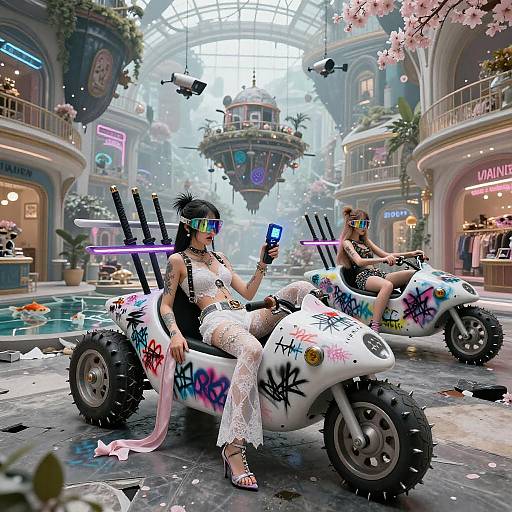 Futuristic Asian Girls on Graffiti Motorbikes in Cyberpunk Bazaar