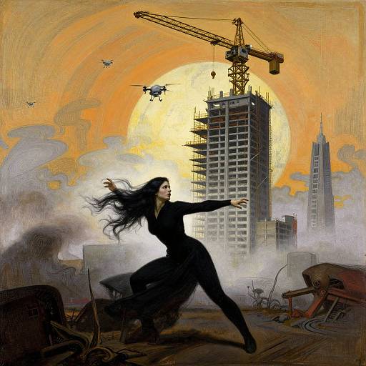 Digital artwork: Dark-haired woman in black suit, dynamic pose, urban apocalypse, large sun, crane, buildings, drones, debris, dramatic orange sky
