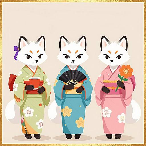 Anthropomorphic Foxes in Japanese Kimonos