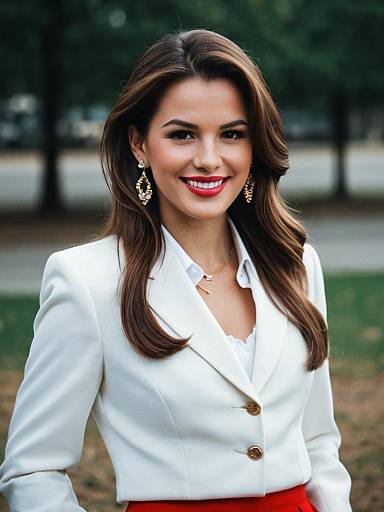 Photograph of a smiling woman with long brown hair, red lipstick, wearing a white blazer, gold earrings, and red skirt, standing outdoors.