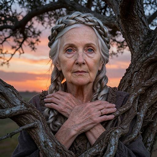 Photograph of an elderly woman with silver braided hair, wearing a crown, hands crossed over chest, standing in front of a tree at sunset,