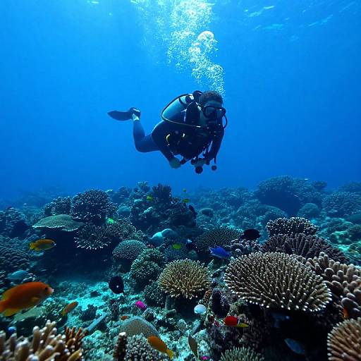Photograph of a scuba diver in blue gear swimming over a vibrant coral reef with various corals and small fish in clear, blue ocean water.