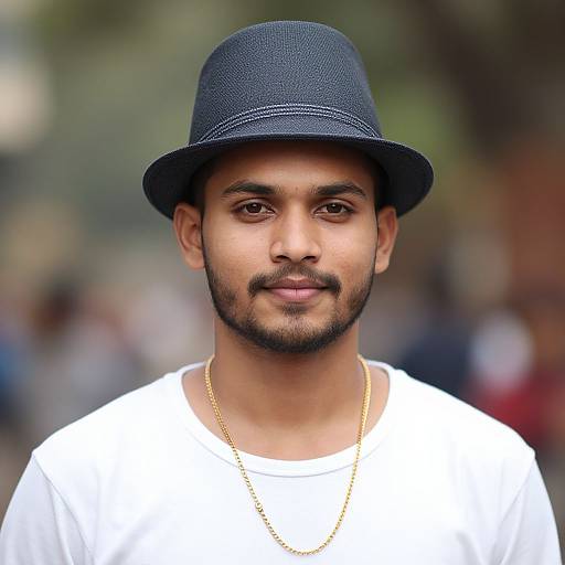Photograph of a young South Asian man with dark skin, black hat, white shirt, and gold chain, smiling slightly, with a blurred outdoor background