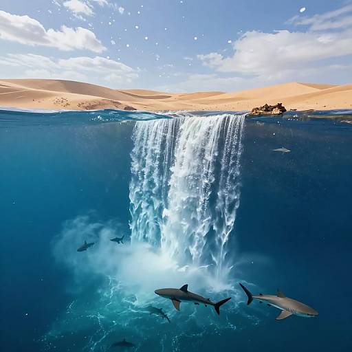 Photograph of a stunning underwater waterfall with three sharks swimming beneath, surrounded by deep blue ocean, with sandy desert and cloudy sky above.