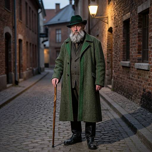 Photograph of elderly white man with long white beard, green coat, hat, and wooden cane, standing on cobblestone alley at twilight.