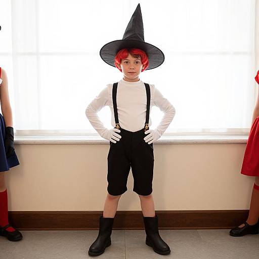 Photograph of a young boy with red hair in a black witch hat, white shirt, black suspenders, shorts, and boots, standing in front