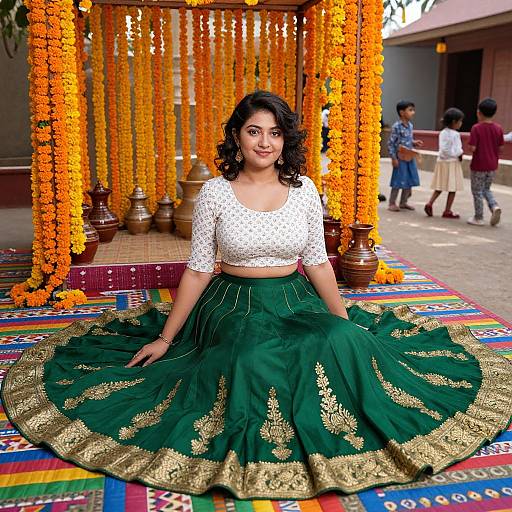 Photograph of a smiling South Asian woman with dark curly hair, wearing a white lace crop top and green embroidered lehenga, seated on a colorful rug
