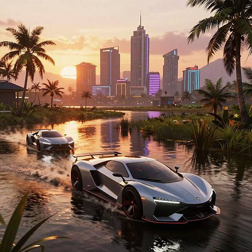 Photorealistic CGI: Two sleek, silver supercars driving through a tropical cityscape's flooded streets at sunset, with palm trees and glowing skyscrap