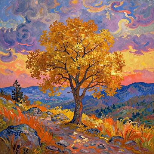 Vibrant digital painting of a solitary autumn tree with golden leaves, set against a swirling, colorful sky and rocky landscape.