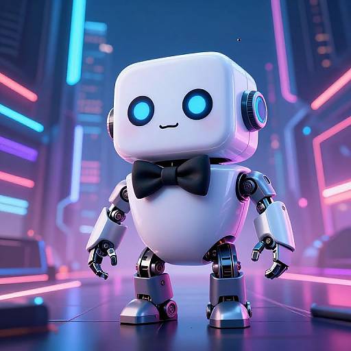 CGI image of a cute, white, robot with glowing blue eyes, black bowtie, and metallic limbs, standing in a neon-lit futuristic