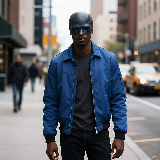 Man Wearing Black Mask and Blue Jacket on City Street