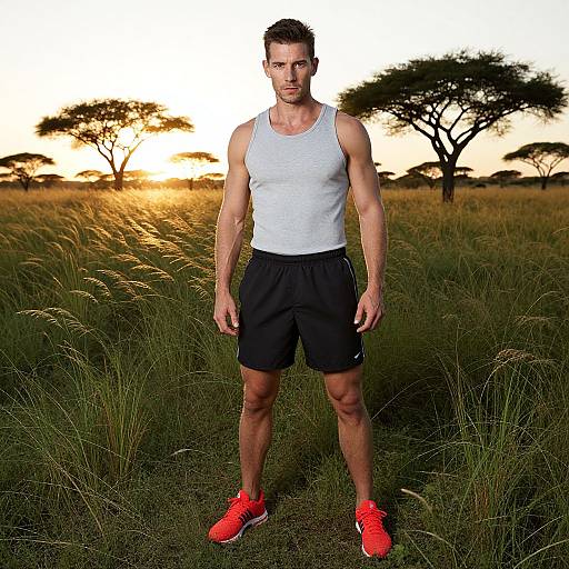 Photograph of a muscular, bearded man in a white tank top, black shorts, and neon orange shoes, standing in a grassy savanna