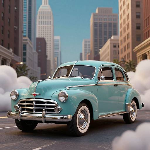 Photograph of a vintage, turquoise 1950s car driving through a city street, surrounded by white smoke, with tall buildings in the background under