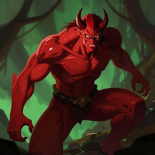 Digital illustration of a muscular, red-skinned demon with horns, glowing eyes, and black loincloth, crouching in a dark, green