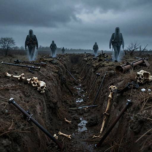 Ghostly Soldiers in WW1 Trench with Bones and Weapons