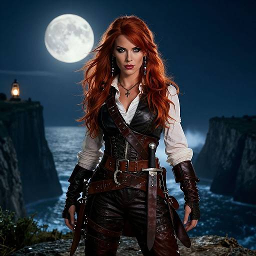 Photograph-style digital art of a fierce, red-haired woman in leather and white, standing under a full moon, with rocky cliffs and ocean in the