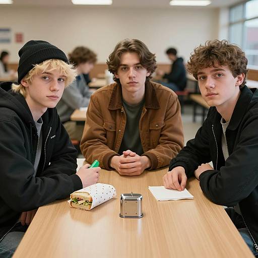 Three Young Men Sitting at Cafeteria Table