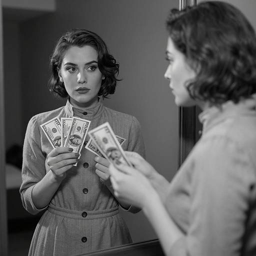 Woman Holding Dollar Bills Looking in Mirror