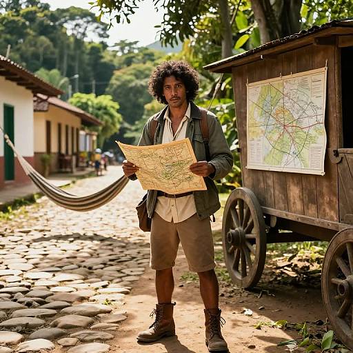 Photograph of a curly-haired, bearded man in casual attire holding a map, standing beside a wooden cart with a map, on a sunlit
