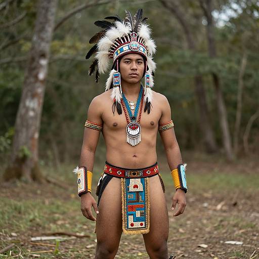 Photograph of a young, shirtless Indigenous man with dark skin, wearing traditional feathered headpiece, colorful arm and wrist bands, and decorated lo