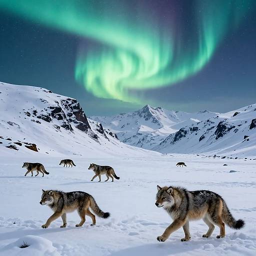 Photograph of five wolves walking in a snowy Arctic landscape under vibrant green Northern Lights, with snow-covered mountains in the background.