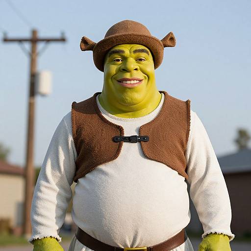 Photograph of a smiling, green-skinned, cartoonish character in a brown hat, white shirt, and brown vest, standing outdoors against a clear