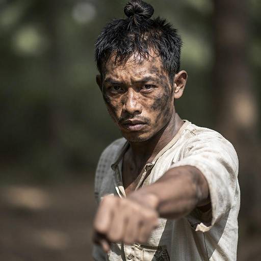 Intense Asian Man in Forest Shadows