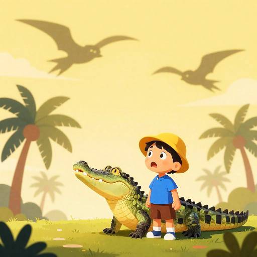 Child and Alligator under Yellow Sky