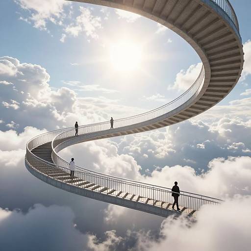 Digital art of a massive, curved, metal staircase spiraling into a bright blue sky with fluffy white clouds, silhouetted people climbing.