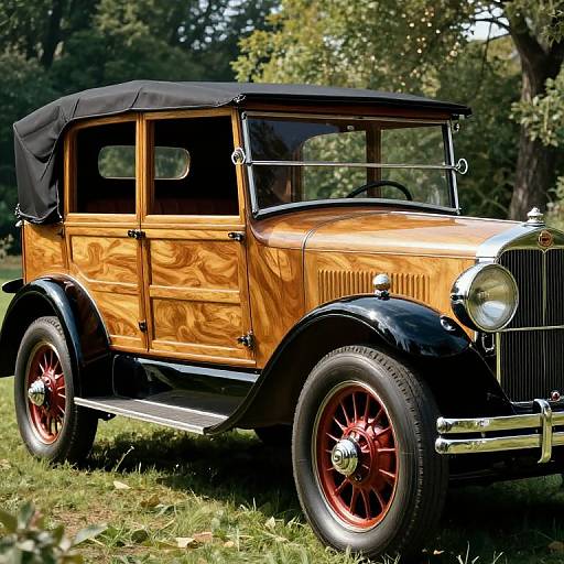 Photograph of a vintage, wooden-bodied, black-wheeled car with red spoked wheels, black canvas roof, parked on grass in a sun