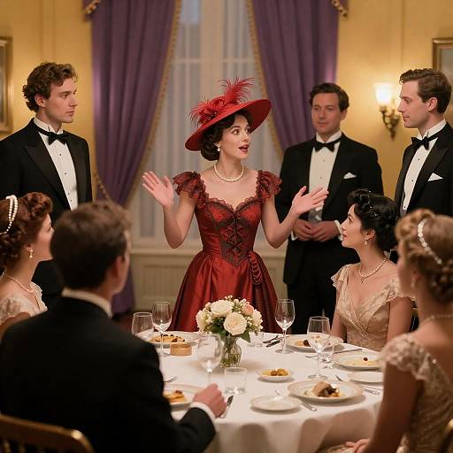 Red-Hatted Woman at Vintage Dinner Party