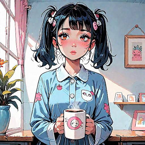 Tired Anime Girl Holding Coffee in Pajamas