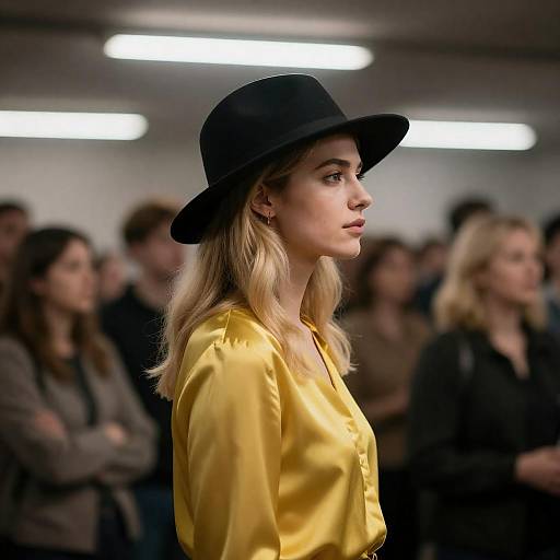 Blonde Woman in Yellow Blouse and Hat
