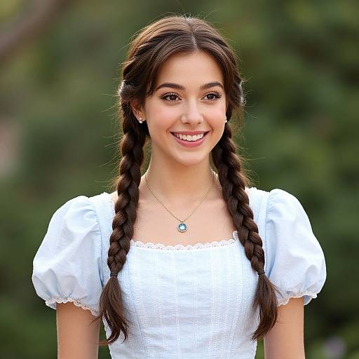 Photograph of a smiling young woman with long brown braids, wearing a white, puffed-sleeve, lace-trimmed dress, necklace