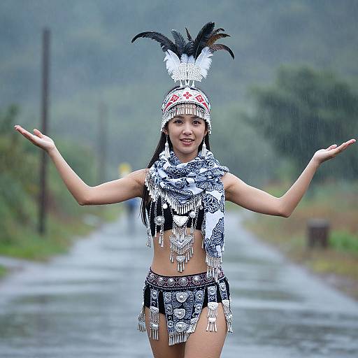 Photograph of a smiling Asian woman with black hair, wearing a white and black feathered headdress, fringe top, and skirt, standing on a