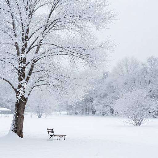 Photograph of a snow-covered park with a lone, dark wooden bench beneath a large, leafless tree; white snow blankets the ground and surrounding trees